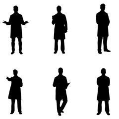 Six confident doctor silhouettes in various poses ready for medical design projects and healthcare visuals in your next project now