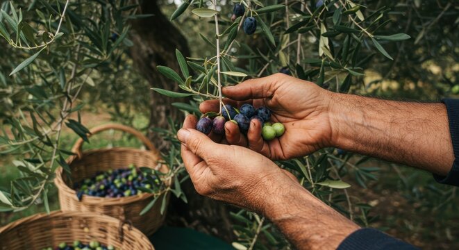 Close-up of Farmer's Hands Harvesting Fresh Olives from a Tree - Powered by Adobe