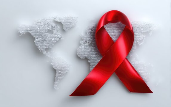 Bright red satin ribbon, symbolizing global HIV AIDS awareness, positioned on a detailed white world map, advocating health support for an aging population, a vital cause.