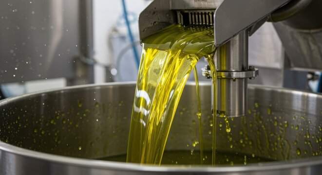 Fresh Extra Virgin Olive Oil Pouring from a Modern Press Machine in a Factory