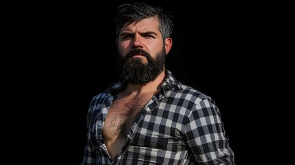 Fototapeta premium Strong Man with Beard and Plaid Shirt Studio Portrait