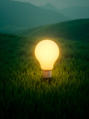 A bright light bulb glowing in the grass represents innovative ideas and creative solutions.