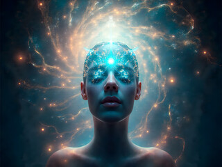 A serene portrait of a person with cosmic energy and a galaxy background.