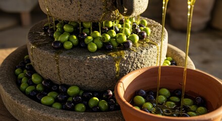Traditional Stone Mill Pressing Olives for Cold-Pressed Extra Virgin Olive Oil