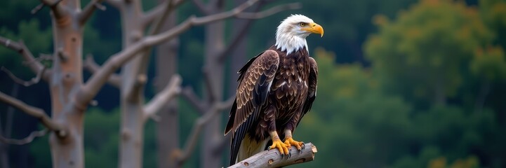 Obraz premium Majestic bald eagle perched alone, head tilted upward, gazing intently to the right, wild, nature