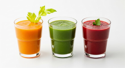 Three glasses of vibrant fresh fruit and vegetable juice, a healthy choice for a balanced diet