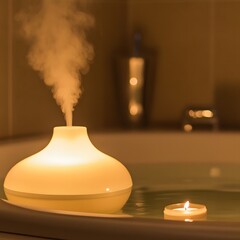 Serene Spa Bath, Aroma Diffuser and Candle in Relaxing Setting