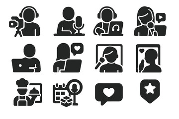 Content Creator Icons. Solid style icons of content creators and influencers: vlogger with camera, podcast host, livestream gamer,