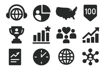 Podcast Audience Icons. Solid style icons of podcast audience and reach: global headphones icon, listener demographic chart,