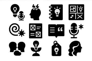 Podcast Creativity Icons. Solid style icons of podcast inspiration and creativity: lightbulb and mic, brainstorm session icon,
