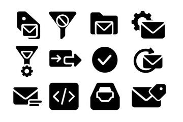 Email Automation Icons. Solid style icons of email filters and automation: auto-label tag, spam detection filter, folder rule icon