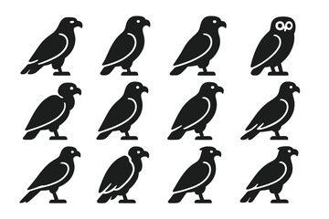 Naklejka premium Birds of Prey Icons. Solid style icons of birds of prey: eagle, falcon, hawk, owl, vulture, kite, buzzard, osprey, harrier, condor