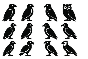 Obraz premium Birds of Prey Icons. Solid style icons of birds of prey: eagle, falcon, hawk, owl, vulture, kite, buzzard, osprey, harrier, condor