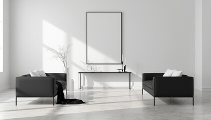 Modern minimalist living room with two dark upholstered chairs and a tall framed artwork
