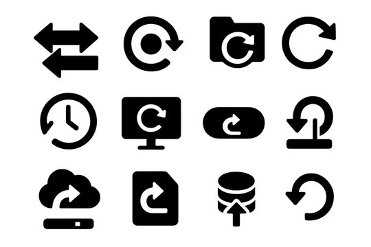 Backup and Restore Icons. Solid style icons of backup and restore: two-way arrows, restore point icon, file recovery icon, time