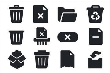 File Deletion Icons. Solid style icons of file deletion: trash bin, file with X, delete folder, recycle bin, empty trash, file