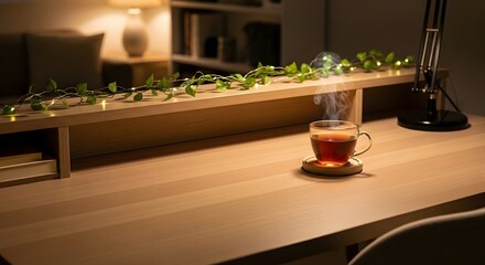 Cozy desk with steaming cup of tea and fairy lights creating a warm ambiance