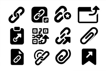 Link Sharing Icons. Solid style icons of link sharing: URL icon, copy link button, shortlink icon, browser share, clipboard with