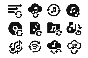 Music Sync Icons. Solid style icons of music and playlist sync: playlist arrows, cloud music sync, song refresh icon, DJ file sync