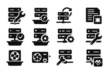 Server Maintenance Icons. Solid style icons of server maintenance: wrench on server icon, repair tray, firmware update symbol, log