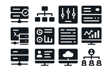 Server Dashboard Icons. Solid style icons of server UI and dashboards: server status screen icon, network map tray, control panel