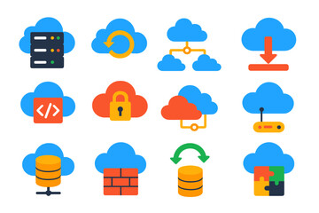 Cloud Networking Icons. Flat vector icons of Cloud Networking: cloud server, cloud sync, multi-cloud architecture, cloud storage,