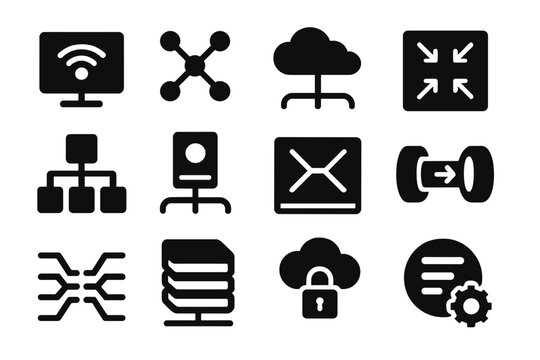 Virtual Network Icons. Solid style icons of virtual networks: virtual machine with signal, software-defined network icon, VPC tray