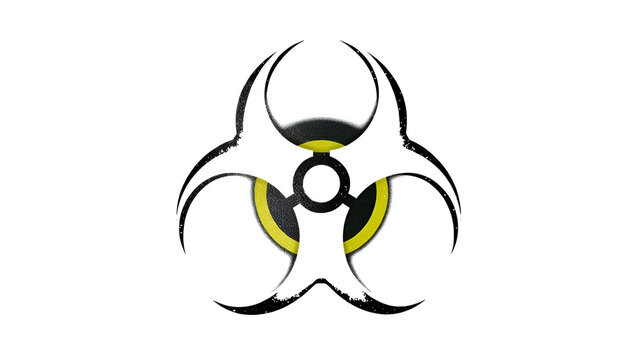 Biohazard Symbol: A stark and universally recognized biohazard symbol, a warning sign of biological risk, contamination, or infection. The symbol is isolated against a white background.