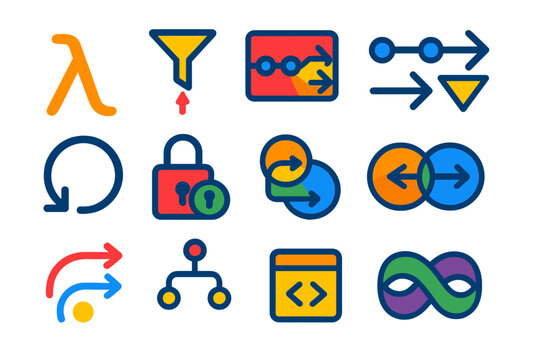 Functional Programming Icons. Flat vector icons of Functional Programming: lambda icon, pure function, map function, reduce symbol