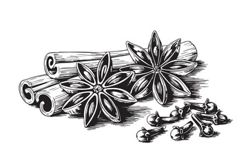 Vintage engraving of cinnamon sticks, star anise and cloves. Hand-drawn botanical spice illustration