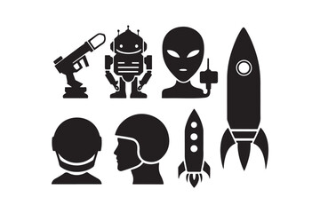 Collection of sci fi icons including robots aliens rockets and futuristic weapons