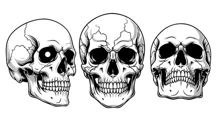 Obraz premium Vector SVG Illustration of Three Cracked Skull Icons in Gothic Style with Monochrome Black and White Colors for Dark Themed Design