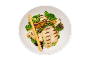 Grilled Sea Bass Served on Elegant White Salad Plate with White Background