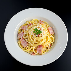 A mouthwatering plate of classic pasta carbonara, presented with fresh ingredients and culinary artistry.