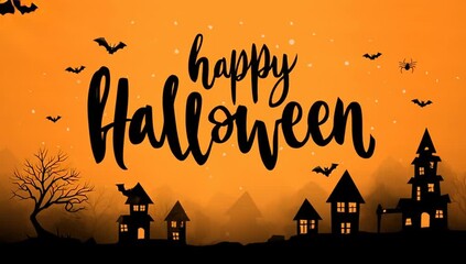 Happy Halloween animated text in a cartoon style background with bats, tree, house and spider.

