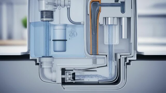 Crosssection view of a toilet tank illustrating the interaction between the fill and flush valves for effective flushing mechanism.