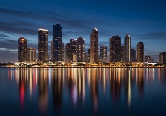 Fototapeta premium Modern city skyline at night with illuminated skyscrapers reflecting on calm water, urban cityscape with vibrant lights and clear reflections.