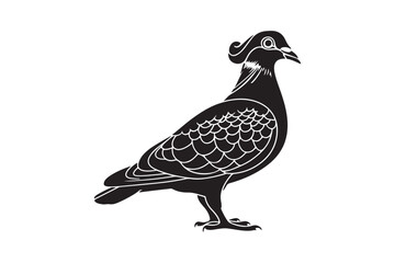 Detailed black and white illustration of a fancy pigeon