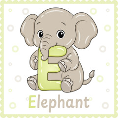 Letter E with Elephant Cute Educational Alphabet Flashcard for Kids