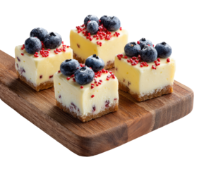 Four small, square desserts, topped with blueberries and red sprinkles, rest on a light-brown wooden cutting board