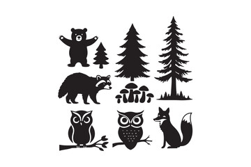 Woodland creatures and trees silhouette collection