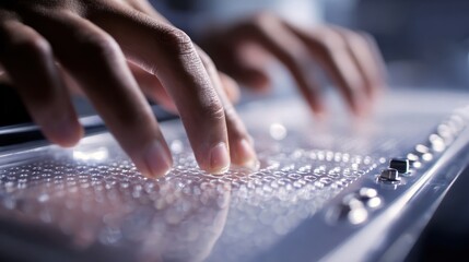 Medium shot of a brailleenabled control panel with sharp detail on the tactile buttons and blurred hands reaching to interact.