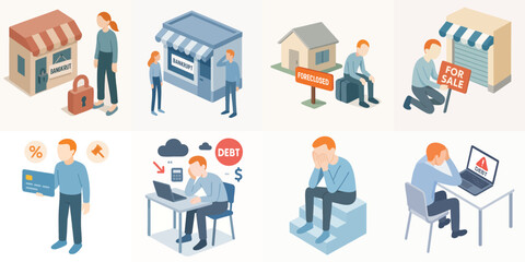 Isometric Set Illustrating Business Failure and Financial Crisis Concept Illustration
