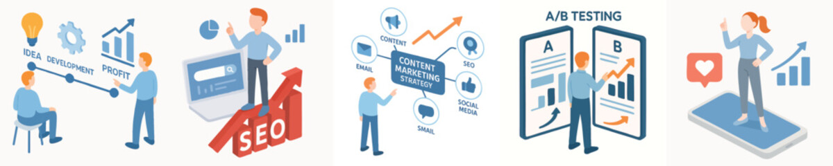 Isometric Character Set for Digital Marketing and SEO Optimization Strategy