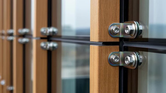 Closeup of anodized metal fasteners securing timberglass hybrid curtain walls demonstrating precision craftsmanship in sustainable construction.