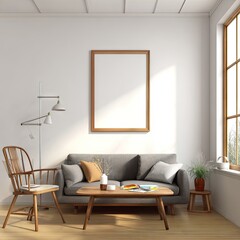 A neutral, minimalist living room scene displays a light-filled space with a wooden frame and muted colors.