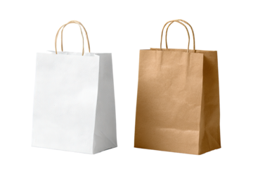 Two blank paper shopping bags, one white and one kraft brown, with light beige handles