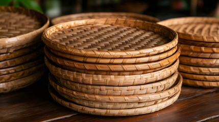 Stack of wicker plates creating beautiful pattern on wooden table