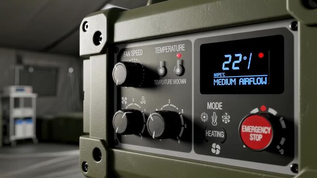 Close detail of control panel on portable HVAC gear used to regulate airflow and temperature inside a field hospital tent during urgent medical missions.