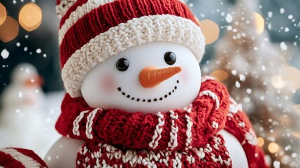 Smiling snowman wearing red and white winter clothes during snowfall